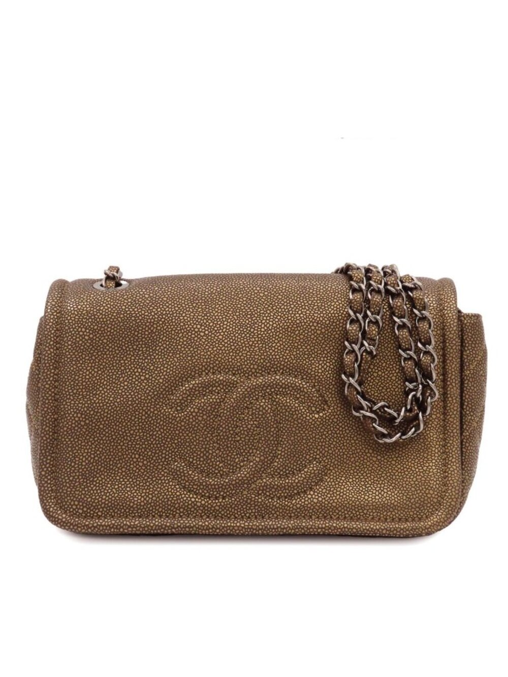 Chanel Chain Shoulder Bag Metallic Blanc Silver Caviar Leather CC Logo